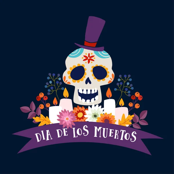 Dia de Los Muertos blahopřání, pozvánky. Mexický den mrtvých. Okrasné cukr lebky s kloboukem, pásu nápis, svíčky a květiny ručně kreslené ilustrace, Plakát Vektor s tmavým pozadím. — Stockový vektor