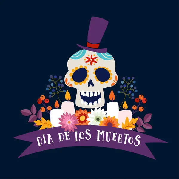 Dia de Los Muertos biglietto di auguri, invito. Il Giorno dei Morti Messicano. Teschio di zucchero ornamentale con cappello, nastro banner, candele e fiori Illustrazione disegnata a mano, poster vettoriale con sfondo scuro . — Vettoriale Stock