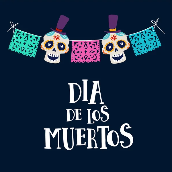 Dia de los Muertos wenskaart, uitnodiging. Mexicaanse dag der doden. String decoratie met partij vlaggen en ornametal suiker sculls. Hand getrokken vectorillustratie, achtergrond. — Stockvector