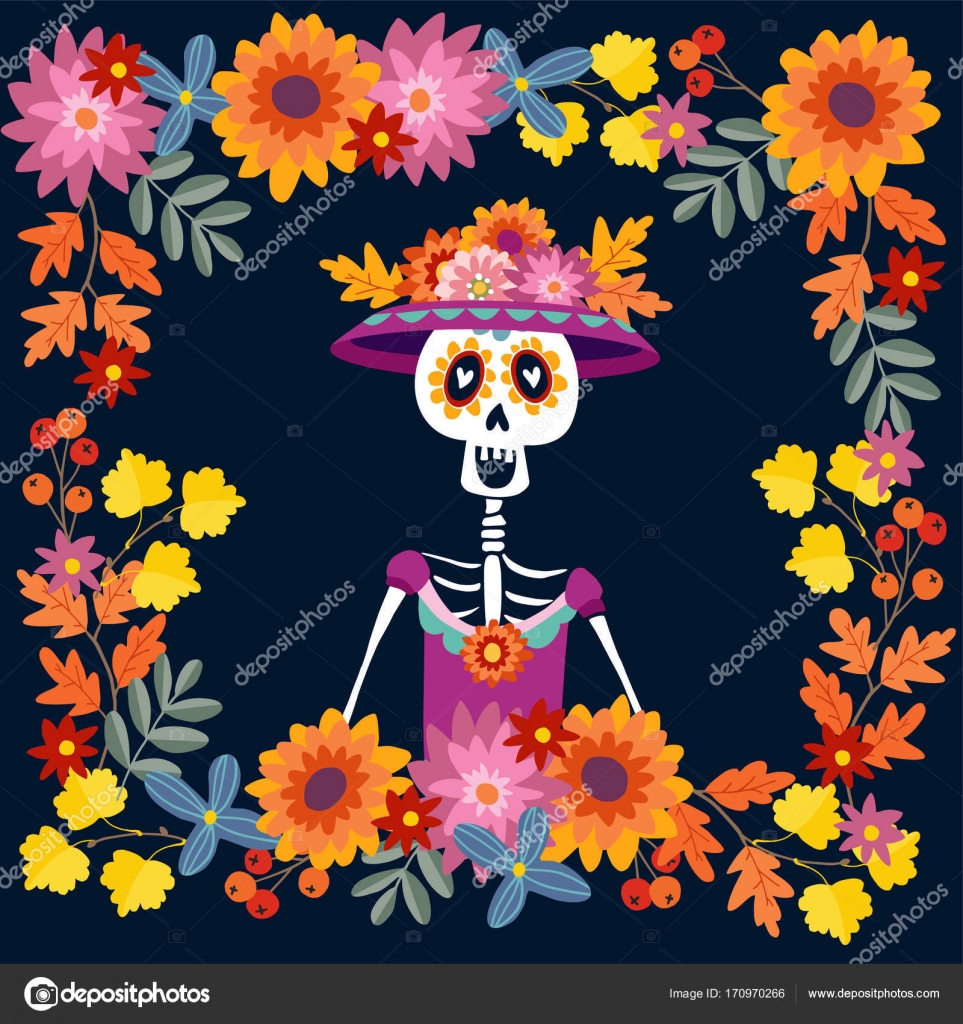 Dia De Los Muertos Greeting Card Invitation Mexican Day Of The Mexican Day Of The Dead Fl Frame Made Mums Flowers Autumn Leaves Ornamental Skull Calavera Catrina Vector Ilration Background