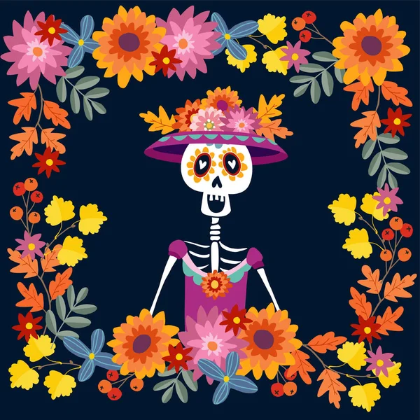 Carte de voeux Dia de Los Muertos, invitation. Jour mexicain des morts. Cadre floral composé de fleurs de maman, feuilles d'automne. Des fleurs. Crâne ornemental, calavera catrina. Illustration vectorielle arrière plan . — Image vectorielle