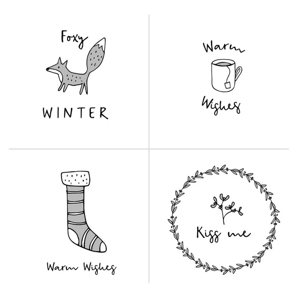 Set Weihnachtsgrußkarten, Einladungen mit handgezeichneten Doodle-Ikonen. Winterdesign mit Fuchs, Adventskranz, Socke und Tasse Tee. isolierte Vektorillustrationen. — Stockvektor