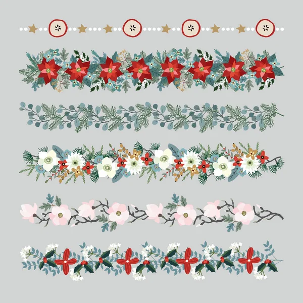 Set of Christmas borders, strings, garlands or brushes. Party decoration with fir and eucalyptus tree branches, poinsettia, magnolia flowers, holly berries, dried apples and stars. Isolated vectors. — Stock Vector