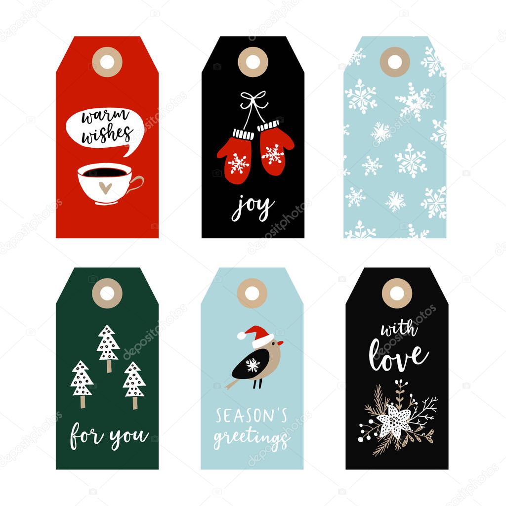 Set of cute Christmas gift tags, labels with bird, gloves, snowflakes and Christmas trees. Hand drawn illustrations, flat design. Isolated vector objects.