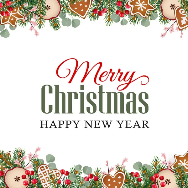 Christmas gratulationskort, inbjudan med blommig krans gjord av fir tree och eukalyptus grenar, holly bär och pepparkakor på vit bakgrund. Isolerade vektorillustration, web banner. — Stock vektor