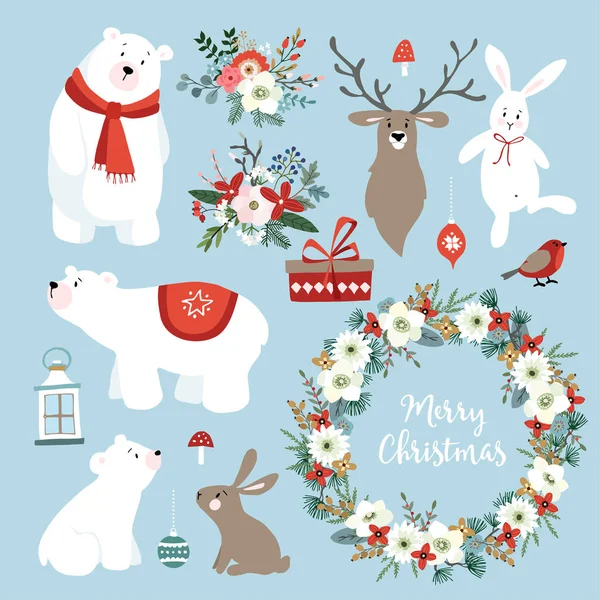 Set van schattige Christmas clip-arts met konijntjes, rendieren, polar bears, winter bloemen, de kroon van Kerstmis en ballen. Scandinavisch design. Geïsoleerde hand getekend vectorobjecten. — Stockvector