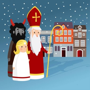 Cute Saint Nicholas with angel, devil, old town houses and falling snow. Christmas invitation card, vector illustration, winter background clipart