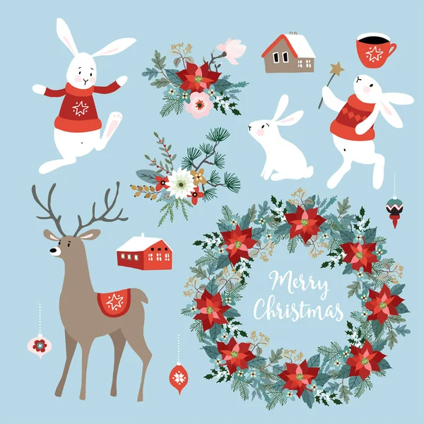 バニー、トナカイ、冬の花、クリスマス リースとボールでかわいいクリスマス クリップ アートのセットです。北欧デザイン。分離の手でベクター オブジェクトを描画. — ストックベクタ