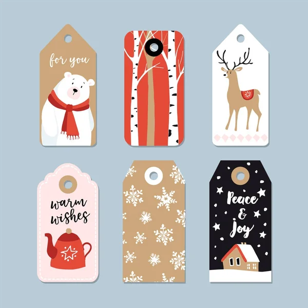 Vintage Christmas gift tags set. Hand drawn labels with birch trees, deer, polar bear and tea pot. Isolated vector illustration objects. — Stock Vector