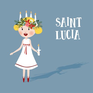 Çiçek çelenk ve mum taç, Saint Lucia ile küçük sarışın kız. İsveçli Noel geleneği, vektör çizim arka plan, düz tasarım.