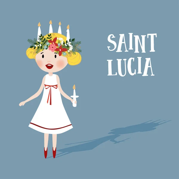 Liten blond flicka med blommig krans och ljus krona, Saint Lucia. Svenska jultradition, vektor illustration bakgrund, platt design. — Stock vektor