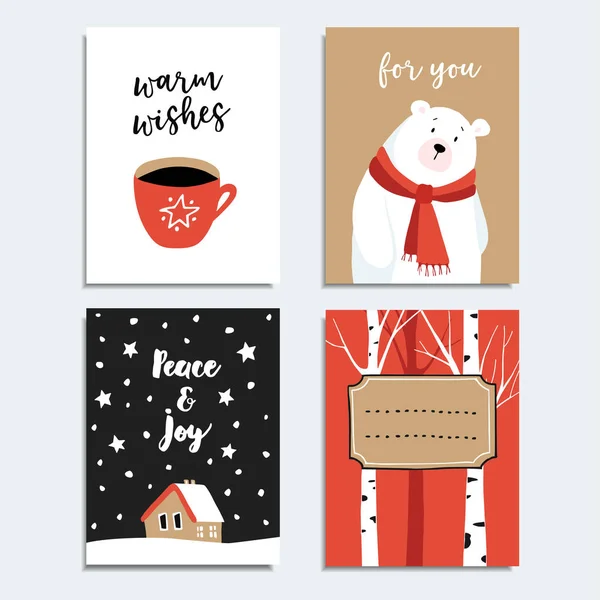 Conjunto de tarjetas de felicitación navideñas dibujadas a mano, invitaciones con oso polar, taza de café y abedules. Objetos de ilustración vectorial . — Vector de stock