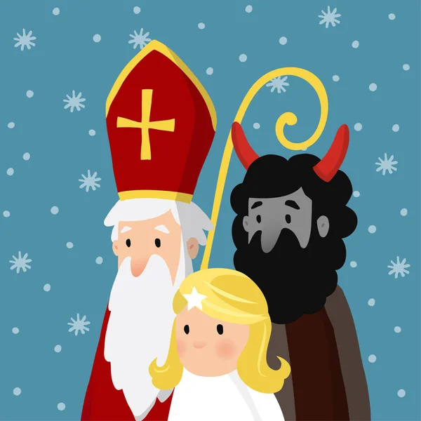 Sint Nicolaas met angel, de duivel en de dalende sneeuw. Leuke uitnodiging kerstkaart, vectorillustratie, winter achtergrond. — Stockvector
