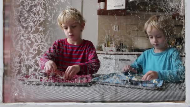 Two cute little children, boy brothers, preparing gingerbread cookies for Christmas. Home cooking. Winter scene behind the frozen window with falling snow. HD footage. — Stock Video