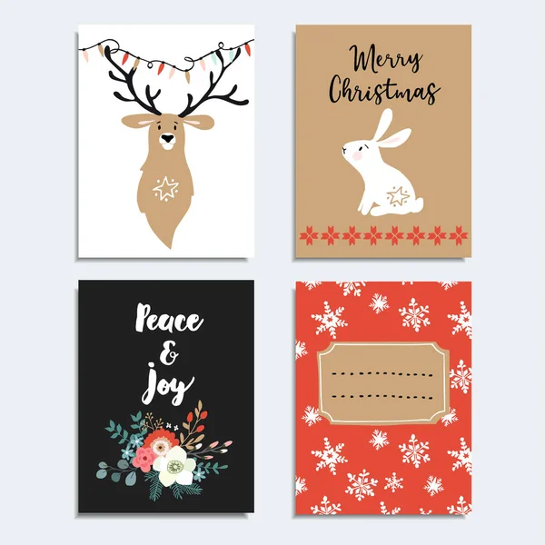 Conjunto de tarjetas de felicitación navideñas dibujadas a mano, invitaciones con conejito, ciervo, copos de nieve y flores de invierno. Objetos de ilustración vectorial aislados . — Vector de stock