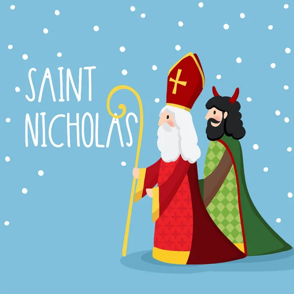 San Nicolás caminando con el diablo y cayendo nieve. Linda tarjeta de invitación de Navidad, vector de ilustración, fondo de invierno . — Vector de stock