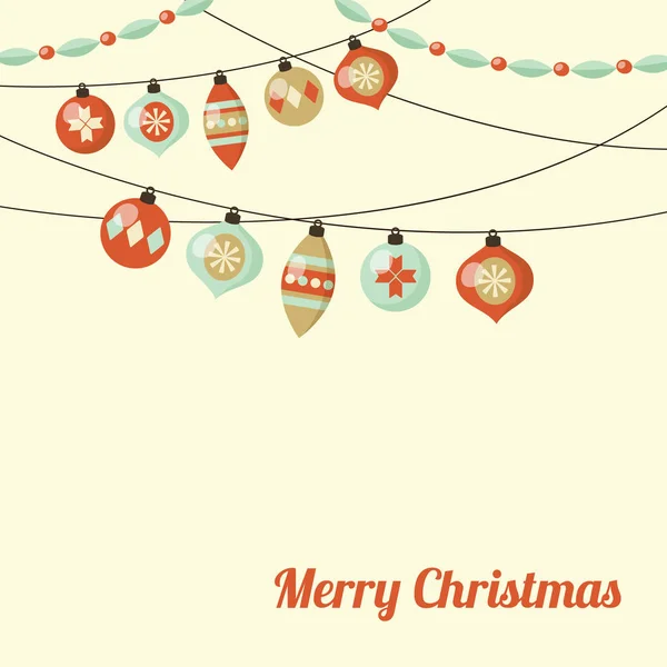 Carte de voeux de Noël rétro, inivtation avec guirlande de boules de Noël, ornements. Illustration vectorielle, motif plat vintage . — Image vectorielle