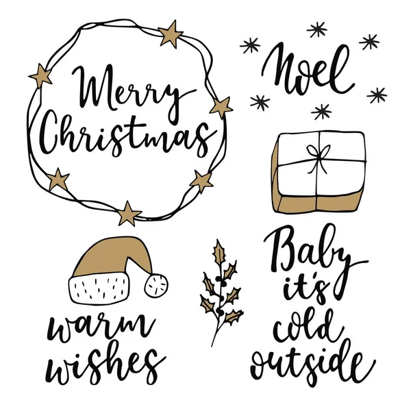 Kerstmis en Nieuwjaar belettering instellen. Hand geletterden offertes voor wenskaarten, gift tags. Typografie collectie. Vectorillustratie. — Stockvector