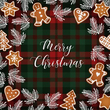 Neşeli Noel tebrik kartı, elle çizilmiş Noel ağaç dalları ve gingerbread çerezleri ile davet. Ekose kareli ekose, vektör çizim arka plan üzerine beyaz metin.
