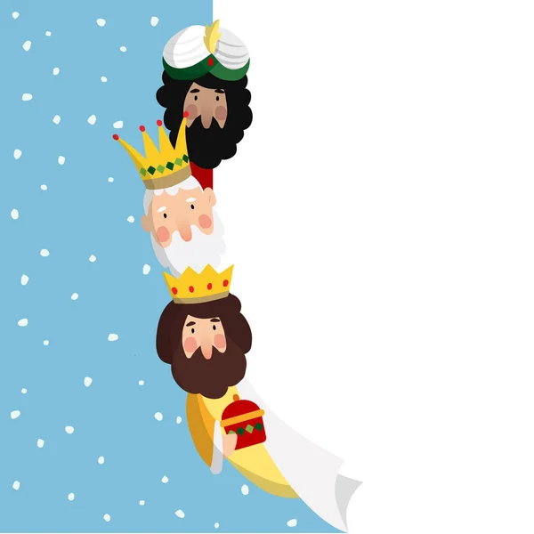 Três magos. Os reis bíblicos Caspar, Melchior e Baltazar. Fundo de ilustração vetorial, banner web para feriado do Dia del Reyes espanhol com lista em branco de papel . —  Vetores de Stock