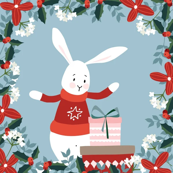 Jolie carte de voeux de Noël, invitation avec lapin dessiné à la main et boîtes-cadeaux. Cadre floral fait de baies de houx, branches persistantes. Illustration vectorielle arrière plan . — Image vectorielle