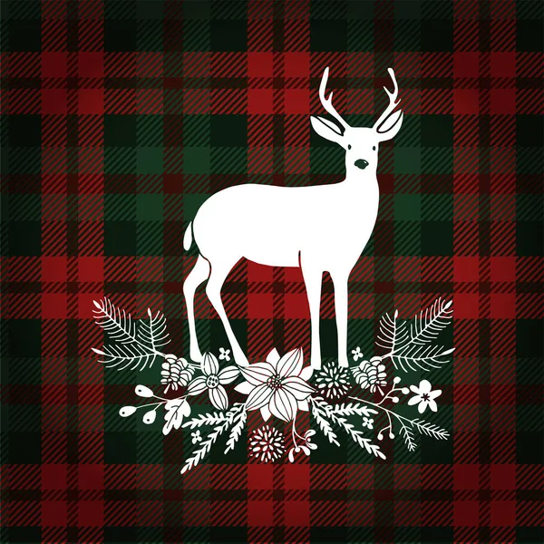 Merry Christmas greeting card, invitation. Deer with Christmas bouquet, floral decoration. Tartan checkered plaid, vector illustration background. — Stock Vector