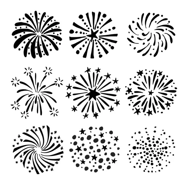 Set hand getrokken vuurwerk en sunbursts. Geïsoleerde zwart witte vectorobjecten, pictogrammen. — Stockvector