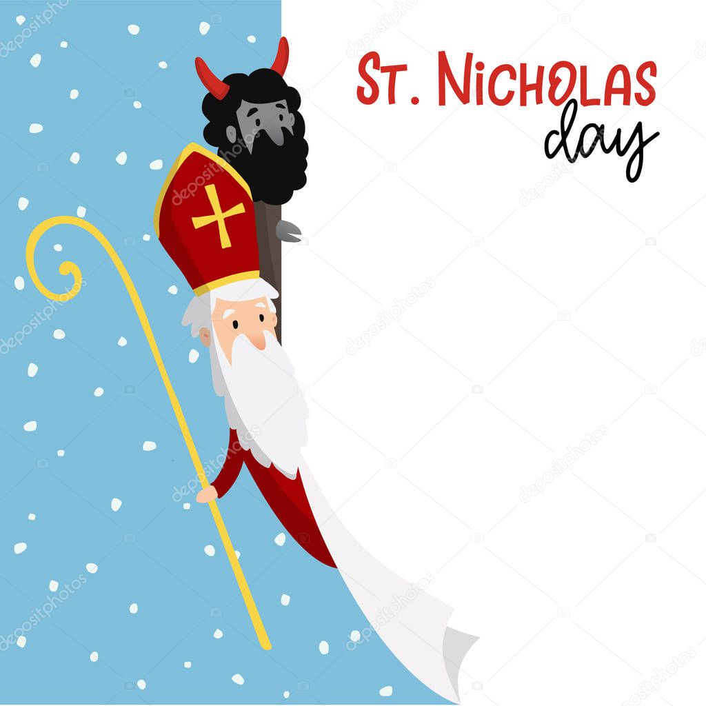 Saint Nicholas with devil and falling snow. Cute Christmas invitation card, web banner with blank list of paper. Vector illustration background.