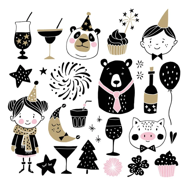Set of hand drawn New Year or birthday graphic elements. Childrens with party hats, cute bears, pig fireworks, drinks, and decorations. Scandinavian kids design. Photo booth props. Isolated vectors. — Stock Vector