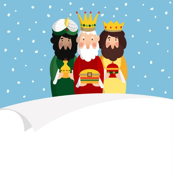 Three magi. Biblical kings Caspar, Melchior and Balthazar. Vector illustration background, web banner for Spanish Dia del Reyes holiday with blank list of paper. — Stock Vector