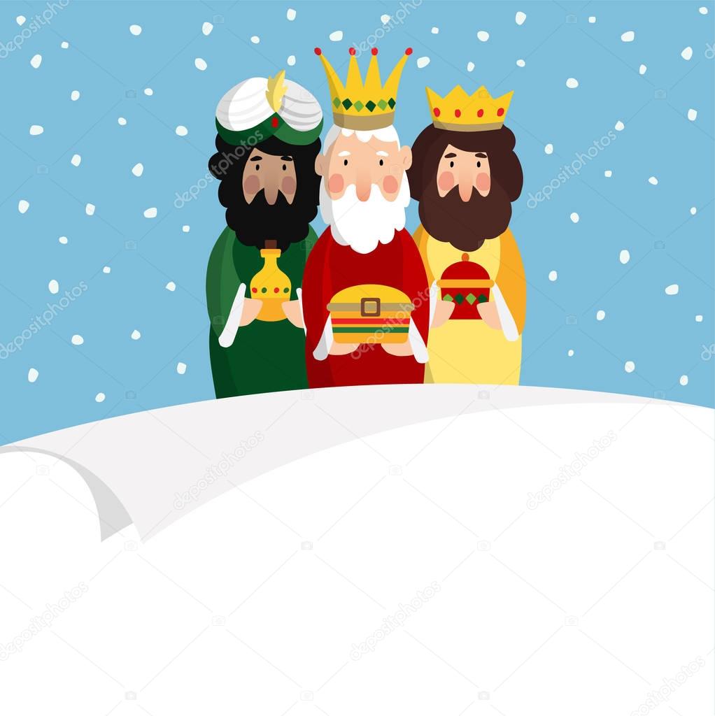 Three magi. Biblical kings Caspar, Melchior and Balthazar. Vector illustration background, web banner for Spanish Dia del Reyes holiday with blank list of paper.