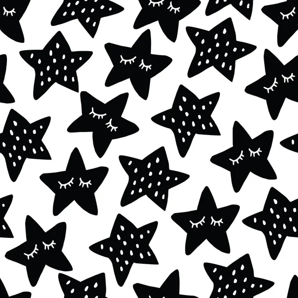 Schwarz-weißes nahtloses Muster mit schlafenden Sternen. skandinavische Kinder, Kinderzimmer-Design. handgezeichnete Vektor Illustration Hintergrund. — Stockvektor