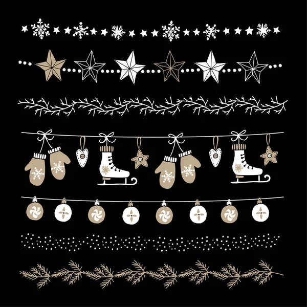 Set of Christmas or New Year decorative borders, strings or garlands. Party decoration with Christmas balls, baubles, stras, fir tree branches and snowflakes. Isolated vector objects. — Stock Vector
