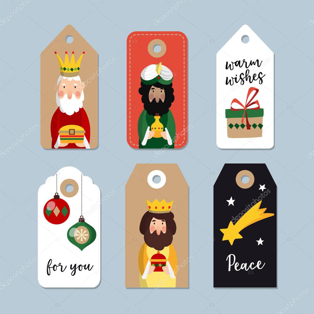 Set of cute Christmas gift tags. Three magi. Biblical kings Caspar, Melchior and Balthazar. Vector illustration backgrounds, isolated vector objects for Spanish Dia del Reyes holiday.
