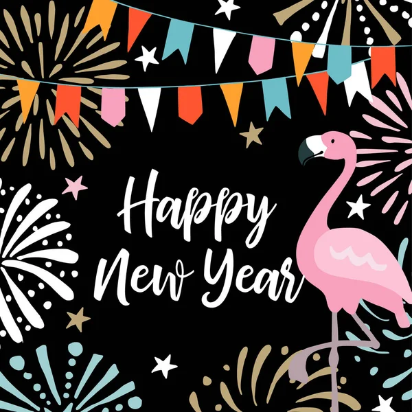 Feliz Ano Novo cartão de saudação, convite com fogos de artifício desenhados à mão, bandeiras e pássaro flamingo. Decoração de festa de aniversário. Fundo de ilustração vetorial . —  Vetores de Stock