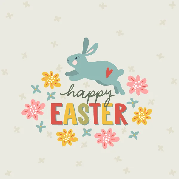 Feliz tarjeta de felicitación de Pascua, invitación con liebre o conejo, texto decorativo y flores de colores. Diseño plano. Fondo de ilustración vectorial . — Vector de stock