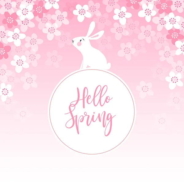 Cute spring greeting card, invitation with white rabbit, bunny and cherry tree blossoms. Easter concept. Pink vector illustration background . — Stock Vector