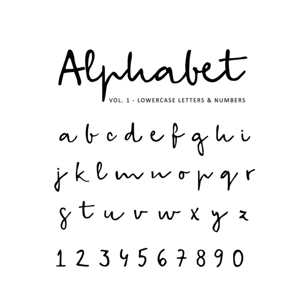 Alphabet vectoriel dessiné à la main, police, lettres minuscules isolées et chiffres écrits avec marqueur ou encre. Calligraphie, lettrage . — Image vectorielle