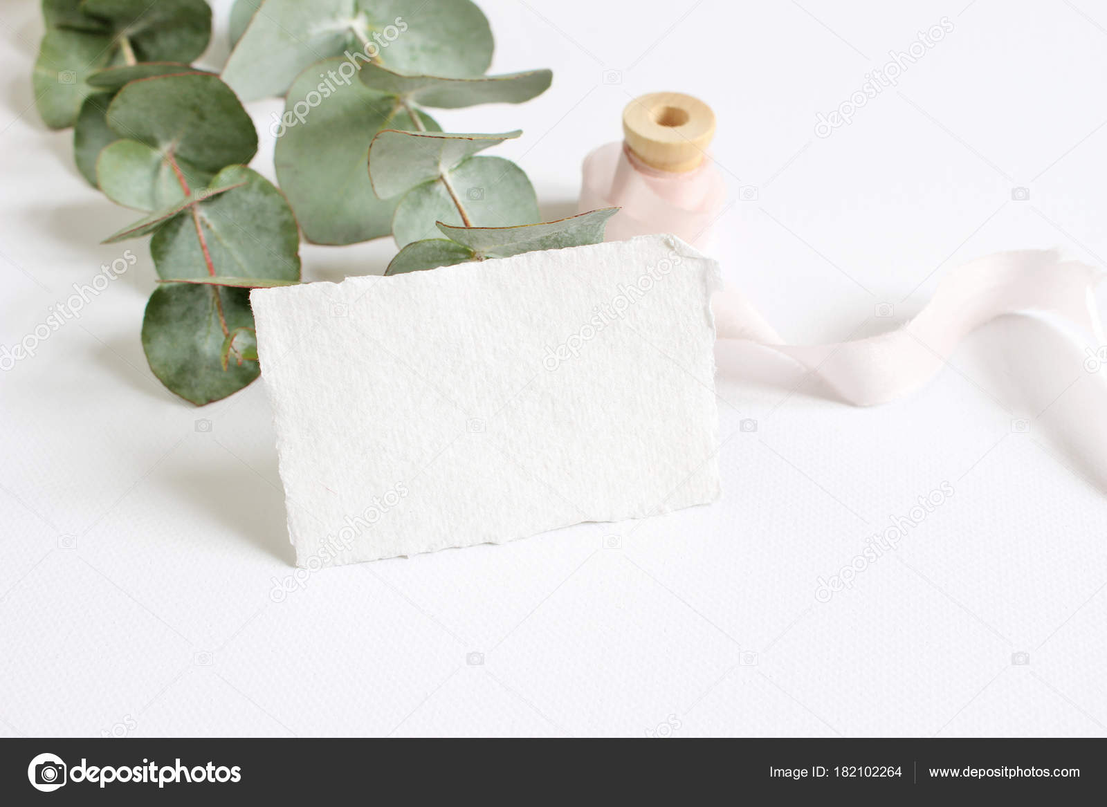 Download Bright Feminine Spring Stationery Mockup Scene With A Handmade Paper Greeting Card Spool Of Silk Ribbon And Eucalyptus Leaves On A White Table Background Wedding Styled Stock Photography Stock Photo C PSD Mockup Templates