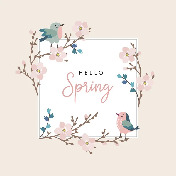 Hallo Frühlings-Grußkarte, Einladung mit niedlichen handgezeichneten Vögeln und Kirschbaumzweigen mit rosa Blüten. Osterkonzept. Vektor Illustration Hintergrund. — Stockvektor