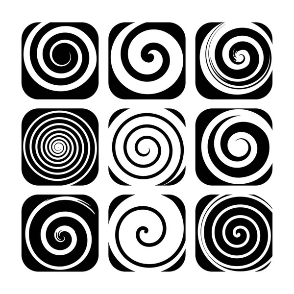 一组螺旋运动元素, 黑色的孤立物体, 不同的画笔纹理, 抽象的矢量插图. — 图库矢量图片