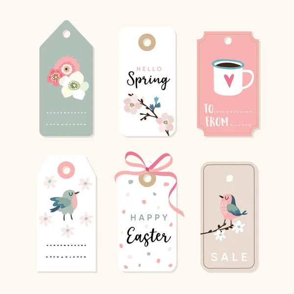 Instellen van de lente, Pasen gift tags en labels met kersenbloesem, vogels, bloemen en roze lint. Geïsoleerde vector collectie. — Stockvector