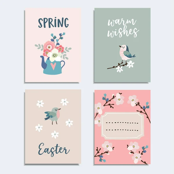 Set of cute spring, Easter greeting cards, invitations with flowers, cherry blossoms, birds and tea pot. Isolated vector collection. — Stock Vector