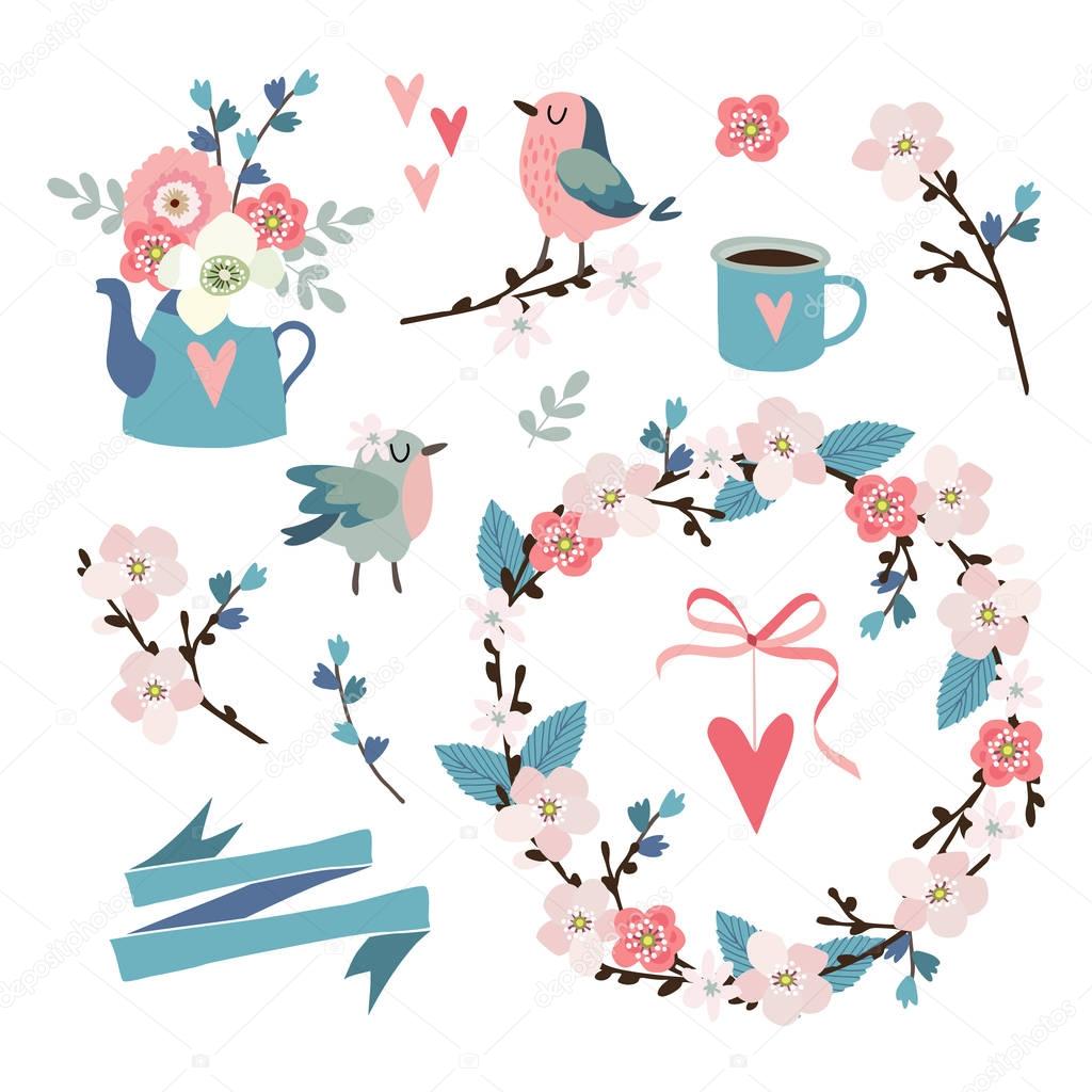 Set of spring, Easter or wedding icons, clip-arts. Flowers, cherry blossoms, birds , floral wreath, hearts and pink ribbon. Isolated vector objects.