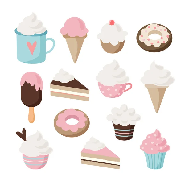 Set of different food and drink icons. Isolated retro illustrations of cakes, doughnuts, ice cream, sundae, coffee, cupcakes and muffins. — Stock Vector