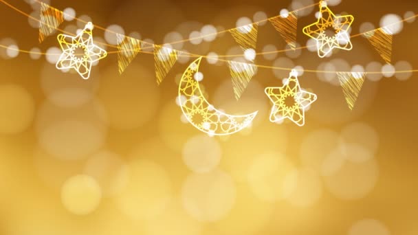 Lanternas árabes brilhantes, bandeiras, lua decorativa, estrelas e luzes no fundo embaçado dourado. Loopable Ramadan animação gráfica . — Vídeo de Stock