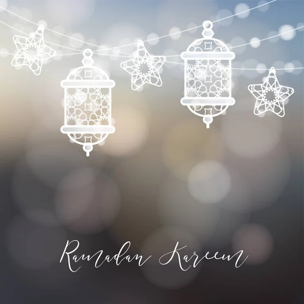 String of ornamental arabic lanterns, lights and stars. Modern festive blurred vector illustration background for muslim community holy month Ramadan Kareem. — Stock Vector