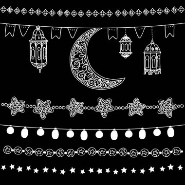 Elle çizilmiş doodle tebeşir çelenk ayarla, aydınlatmaları, ay, yıldızlar, bayraklar ve Arapça fenerler, ramazan vektör kenarlıklar, yazı tahtası üzerinde afiş izole