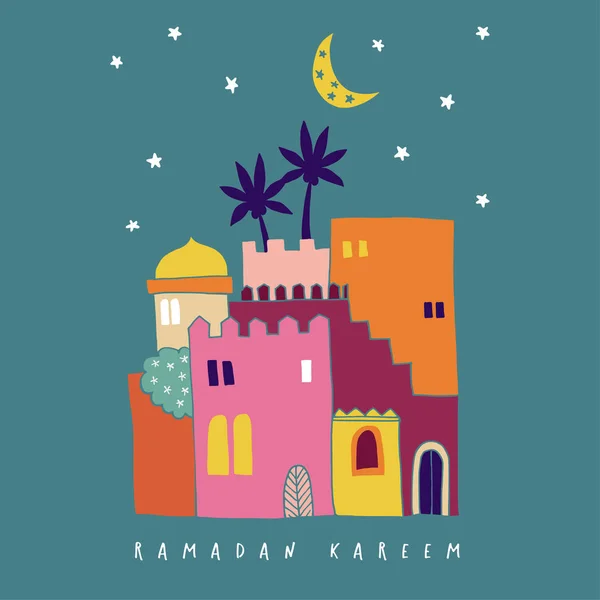 手画了五颜六色的阿拉伯房子与月亮和星 摩洛哥或中东城镇 邀请穆斯林节日斋月 埃克特插图 平面设计 — 图库矢量图片