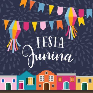 Festa junina, Brezilyalı Haziran parti. Latin Amerika tatil. Vektör çizim arka plan garland bayrakları, fenerler, renkli evleri ve havai fişek ile. Düz tasarım.